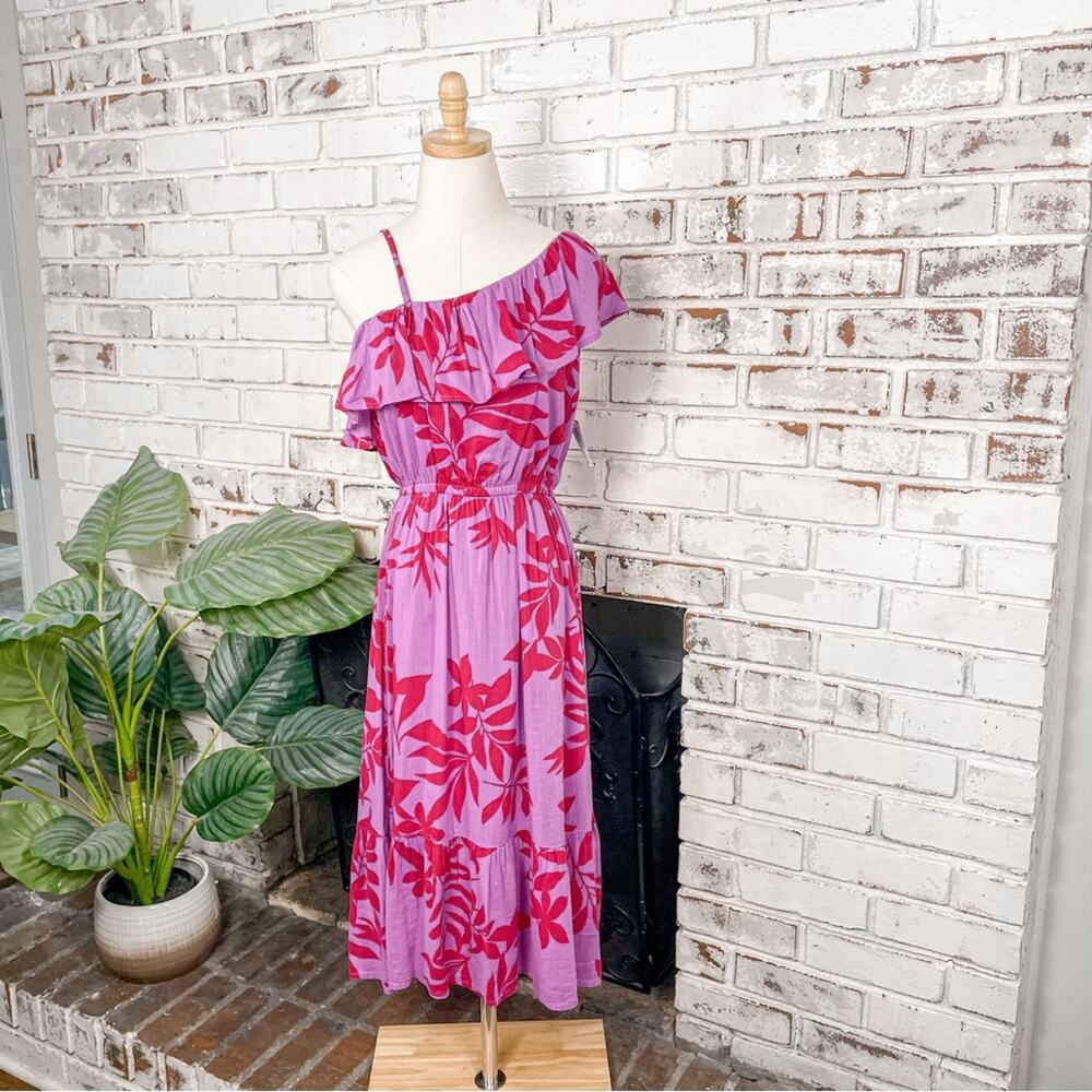Purple & Red Floral Print One Shoulder Ruffle Cotton Blend Midi Dress S